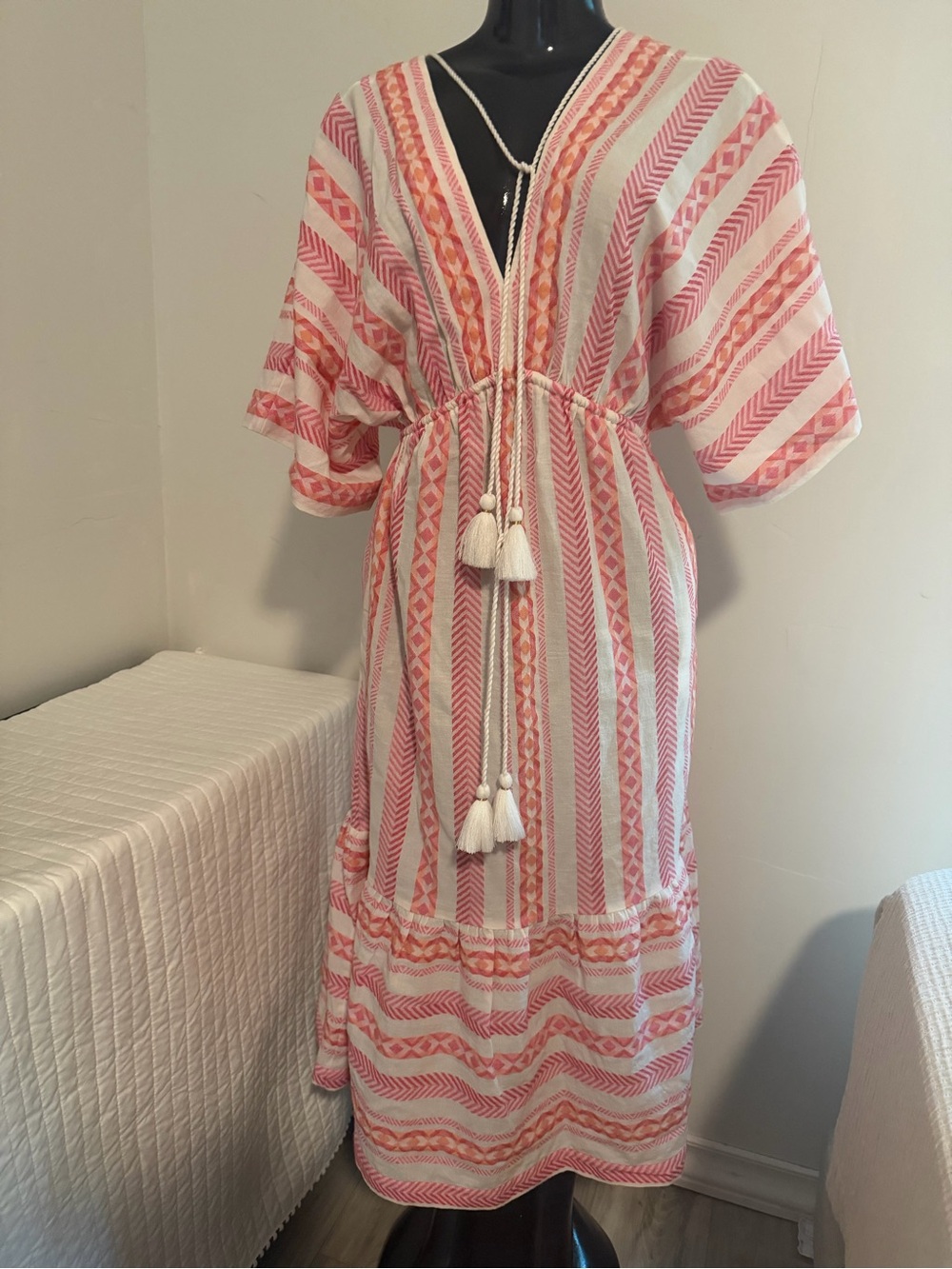 Tommy Bahama Pink and Cream Striped Maxi Dress with Tassel Tie